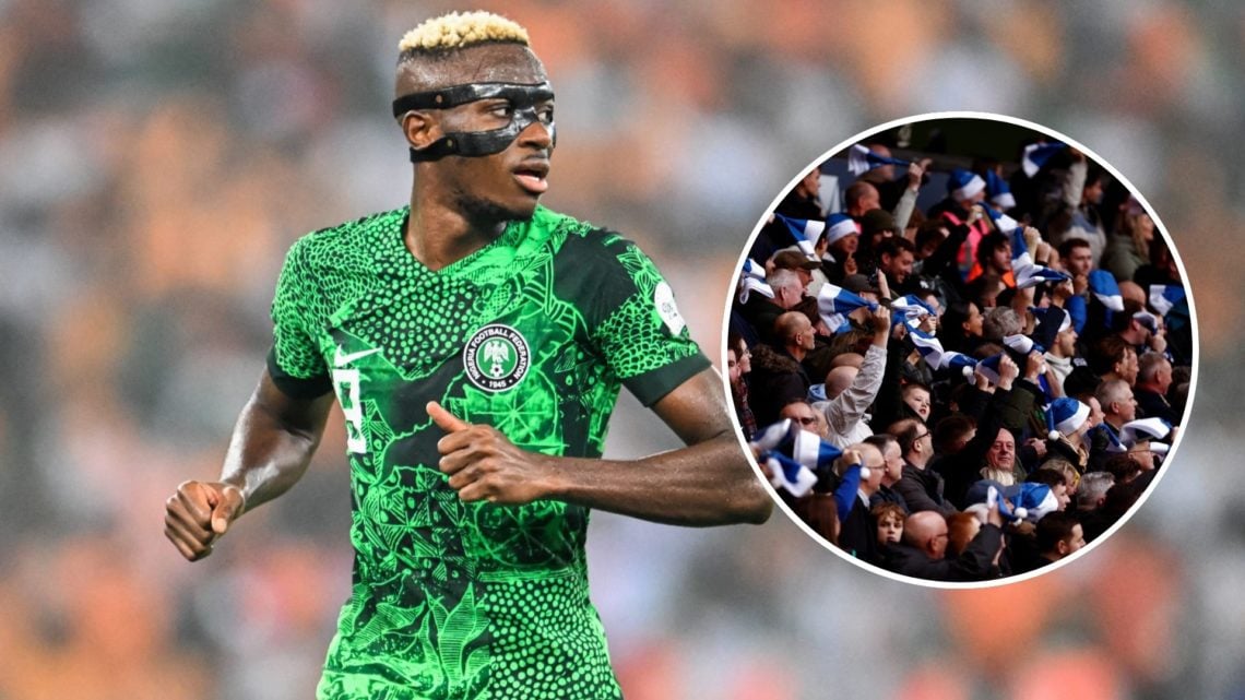 Victor Osimhen for Nigeria. Inset, Chelsea fans