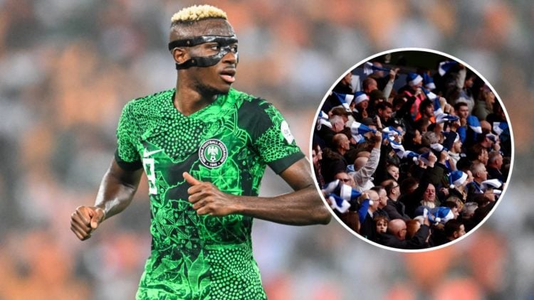 Victor Osimhen for Nigeria. Inset, Chelsea fans