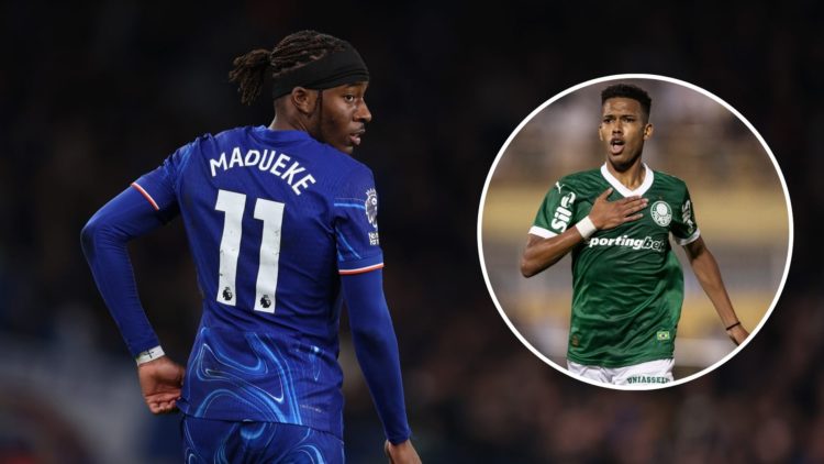 Noni Madueke for Chelsea. Inset, Estevao Willian for Palmeiras