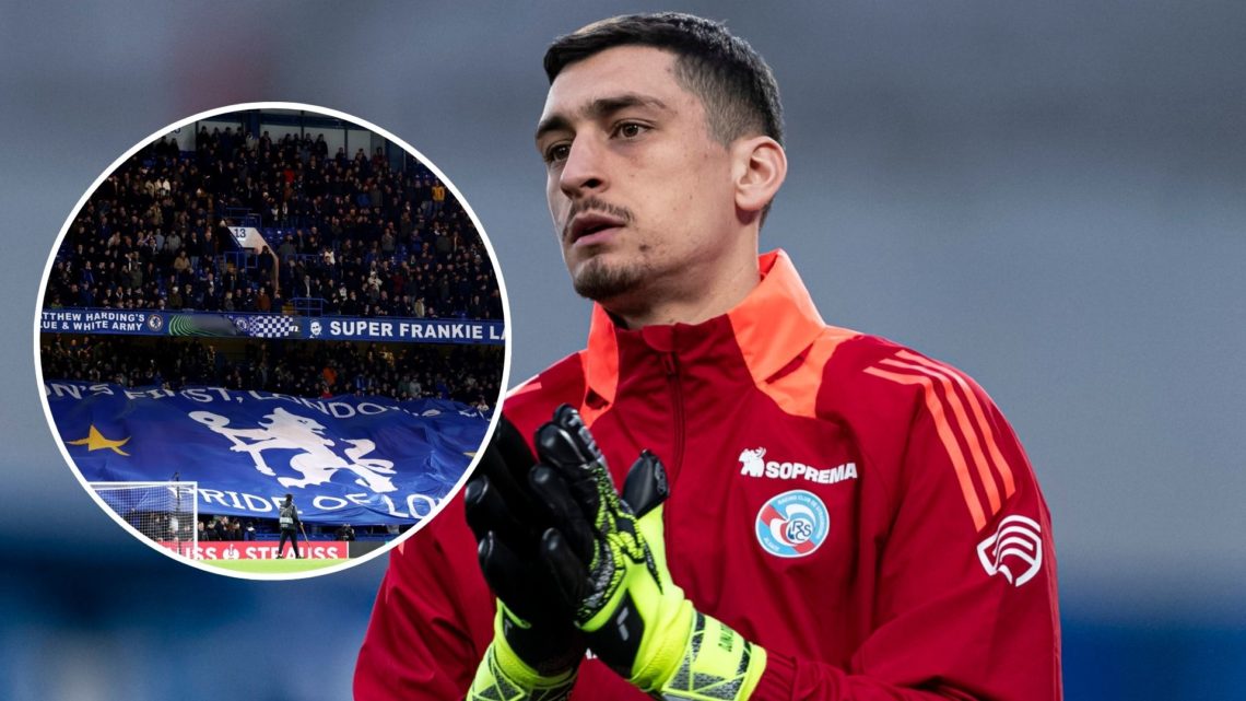 Djordje Petrovic for Strasbourg. Inset, Chesea fans