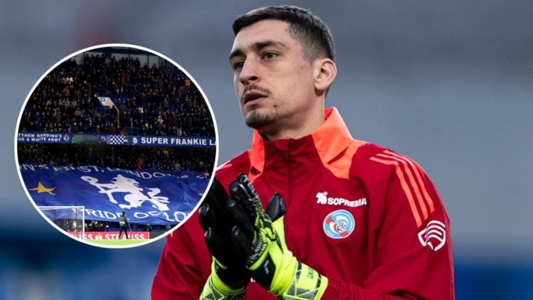 Djordje Petrovic for Strasbourg. Inset, Chesea fans