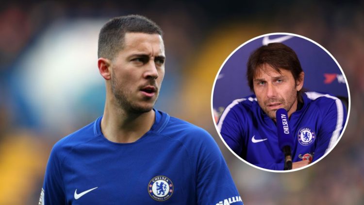 Eden Hazard at Chelsea. Inset, Antonio Conte as Chelsea manager