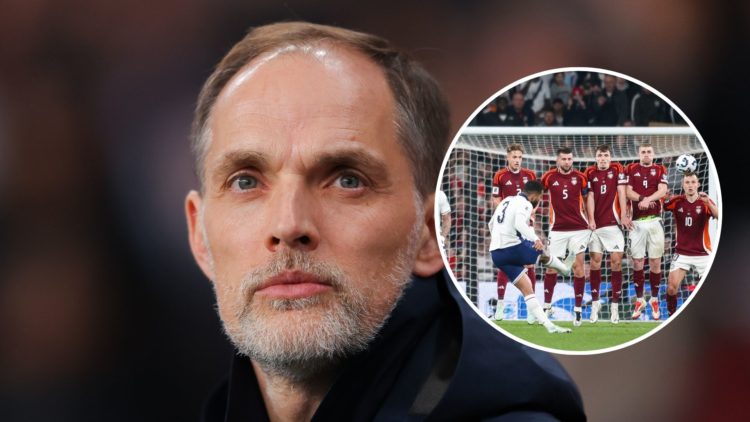 Thomas Tuchel, manager of England, during the FIFA World Cup 2026 European Qualifier between England and Latvia. Inset: Reece James of England scor...