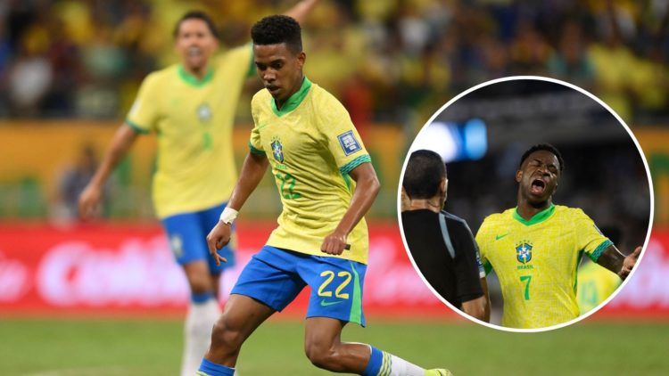 Estêvão Willian of Brazil controls the ball during the South American FIFA World Cup 2026 Qualifier match between Brazil and Uruguay. Inset: Vinici...