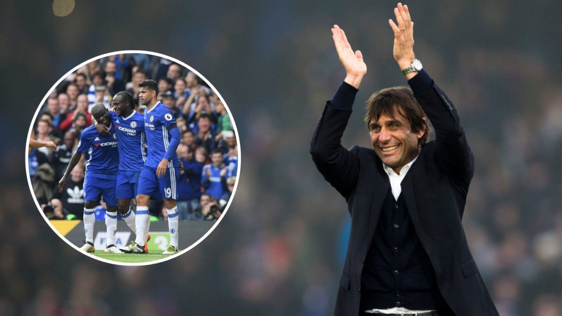 Antonio Conte for Chelsea. Inset, Chelsea players celebrating
