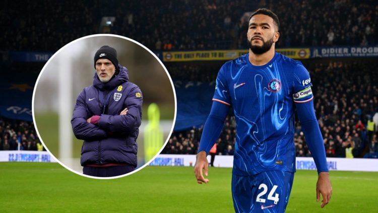 Reece James for Chelsea. Inset, England manager Thomas Tuchel