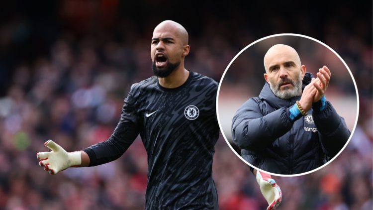Robert Sanchez of Chelsea reacts during the Premier League match, Inset Enzo Maresca, Manager of Chelsea, acknowledges the fans