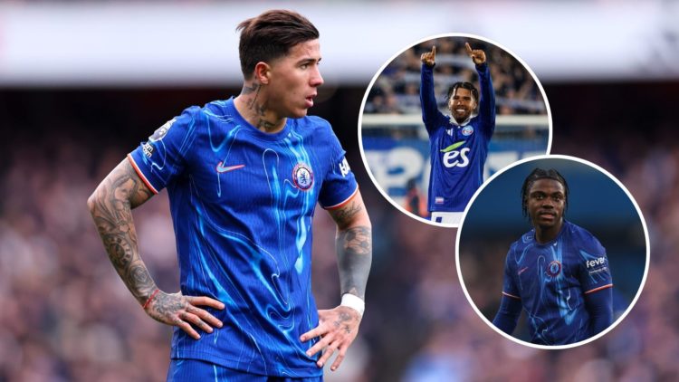 Enzo Fernandez for Chelsea. Inset one, Andrey Santos for Strasbourg. Inset two, Romeo Lavia for Chelsea