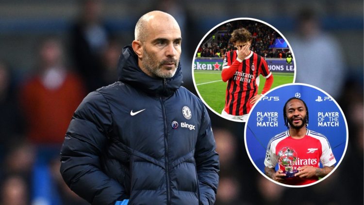Enzo Maresca, Manager of Chelsea, looks on during the Premier League match between Chelsea FC and Aston Villa FC. Inset: Joao Felix of AC Milan rea...