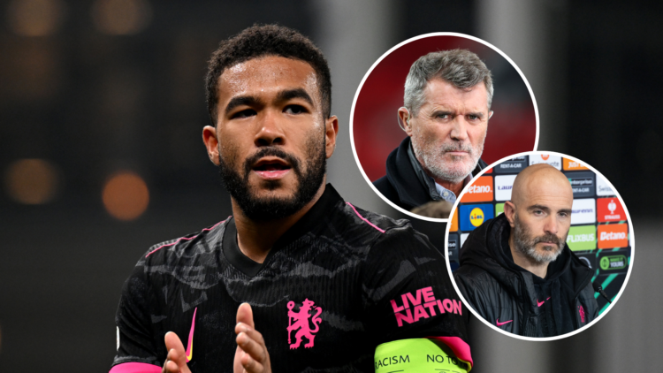 Reece James of Chelsea acknowledges the fans after the UEFA Conference League 2024/25 Round of 16 First Leg match. Inset: Manchester United and Rep...