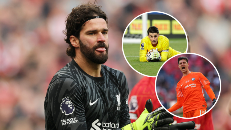 Alisson Becker of Liverpool reacts prior to the Premier League match between Liverpool FC and Southampton FC at Anfield with an inset of Kepa Arriz...
