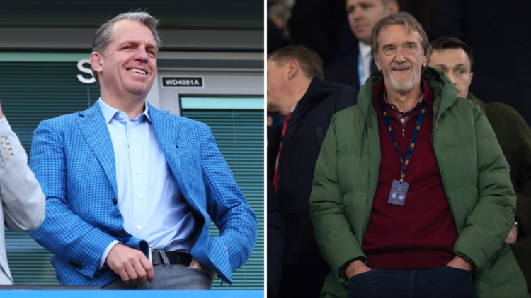 Split image of Chelsea owner Todd Boehly stands in the directors box during the Premier League match between Chelsea FC and Leicester City FC at St...