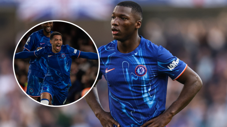 Moises Caicedo of Chelsea during the Premier League match between Chelsea FC and Leicester City FC at Stamford Bridge with an inset of Levi Colwill...