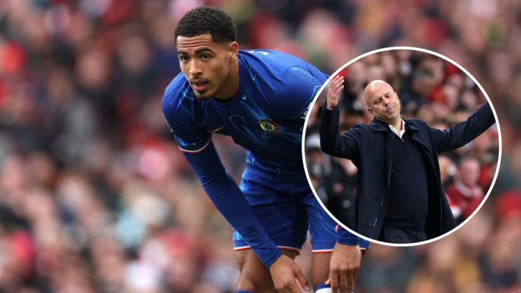 Levi Colwill of Chelsea during the Premier League match between Arsenal FC and Chelsea FC at Emirates Stadium with an inset of Arne Slot manager / ...