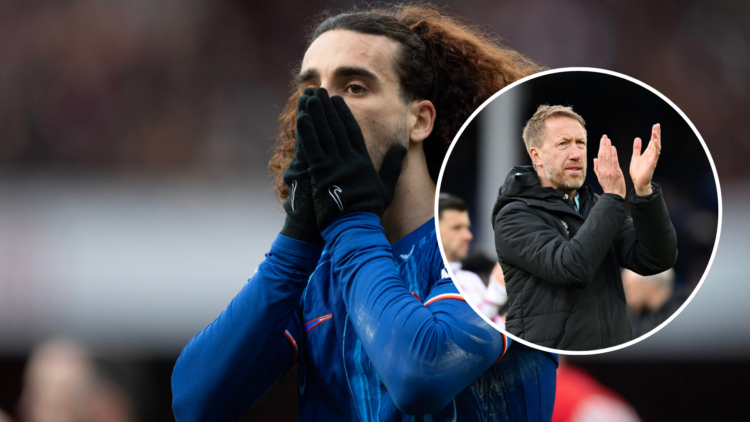 Marc Cucurella of Chelsea during the Premier League match between Arsenal FC and Chelsea FC at Emirates Stadium with an inset of Graham Potter, Man...