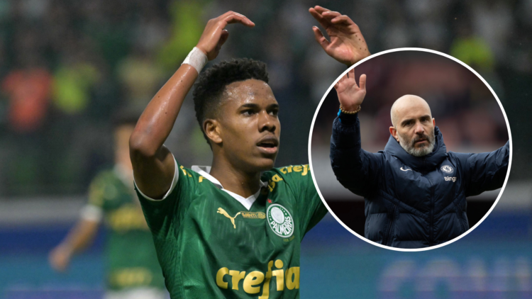 Palmeiras' forward Estevao Willian reacts during the Copa Libertadores round of 16 second leg all-Brazilian football match between Palmeiras and Bo...