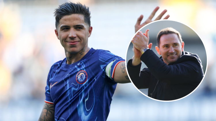 Enzo Fernandez of Chelsea acknowledges the fans after the team's victory during the Premier League match between Chelsea FC and Leicester City FC a...