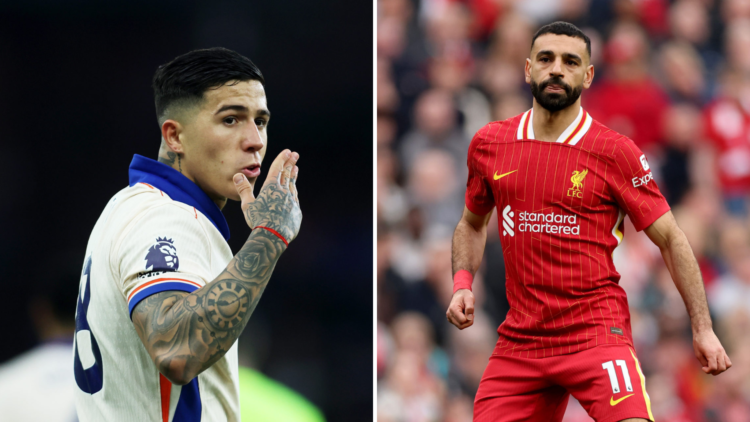 Split image of Enzo Fernandez of Chelsea celebrating scoring his team's first goal during the Premier League match between Aston Villa FC and Chels...