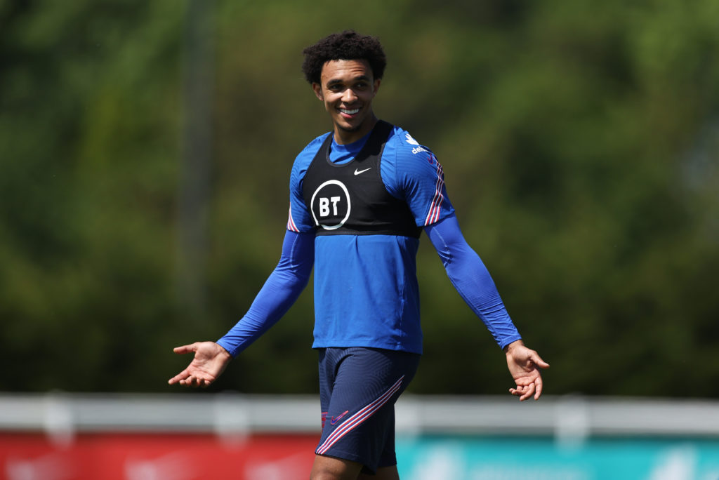 Trent Alexander-Arnold of England reacts during a training session