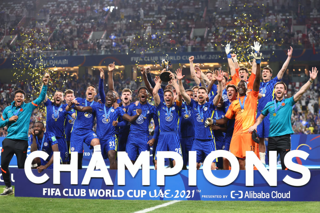 Chelsea lifting the 2021 Club World Cup trophy after beating Palmeiras in the final.