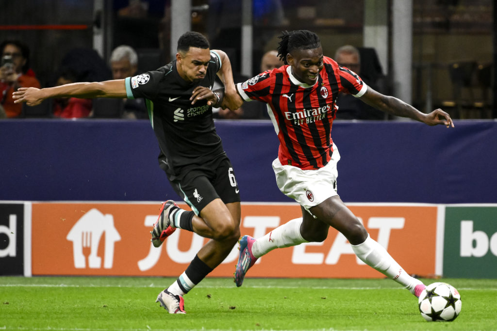 Trent Alexander-Arnold of Liverpool FC and Rafael Leao of AC