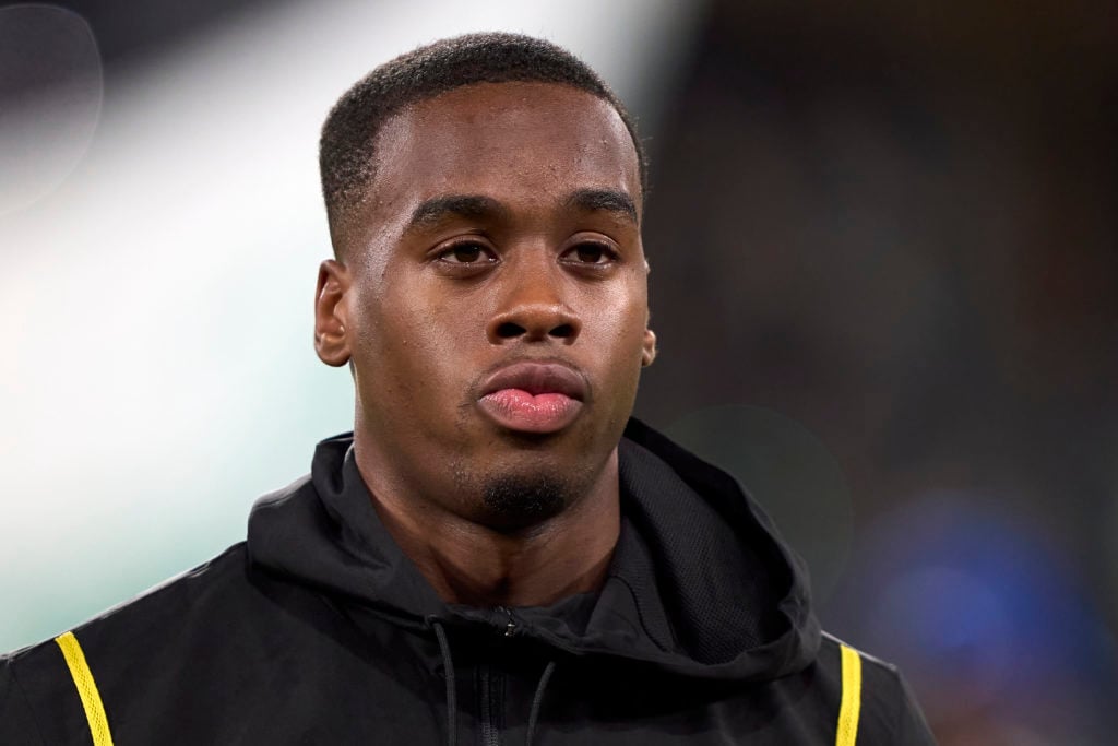 Jamie Gittens of Borussia Dortmund looks on before the UEFA Champions League Knockout phase play-offs 1st leg match between Sporting CP and Borussia Dortmund