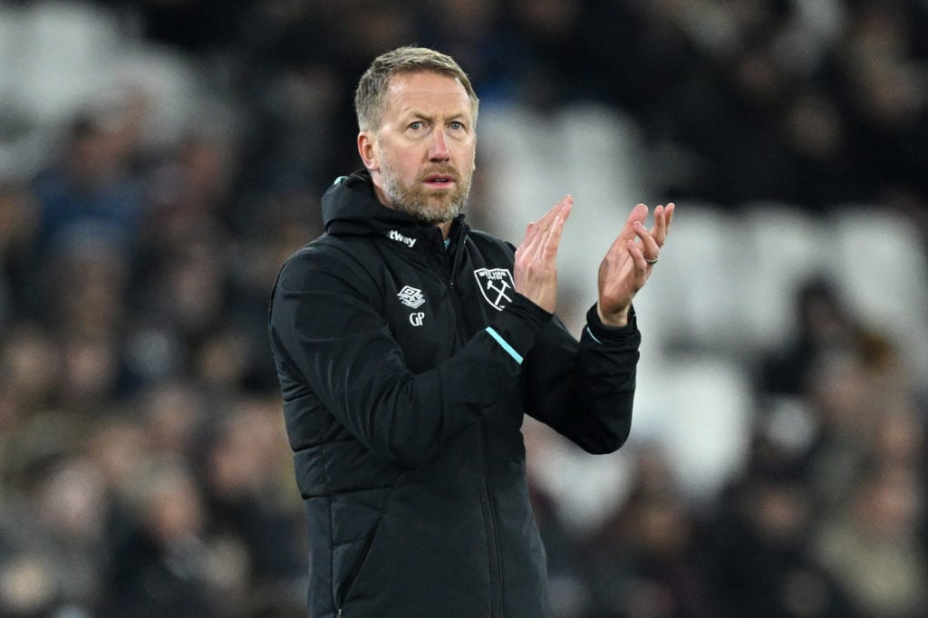 Graham Potter, Manager of West Ham United, claps during the Premier League match between West Ham United FC and Leicester City FC