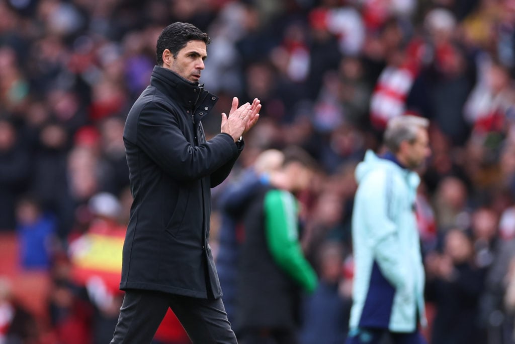 Mikel Arteta manager / head coach of Arsenal applauds the fans