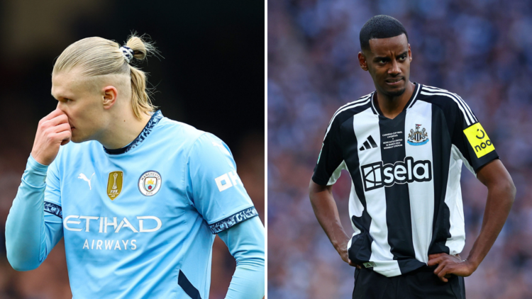 Split image of Erling Haaland of Manchester City reacting during the Premier League match between Manchester City FC and Brighton & Hove Albion FC ...