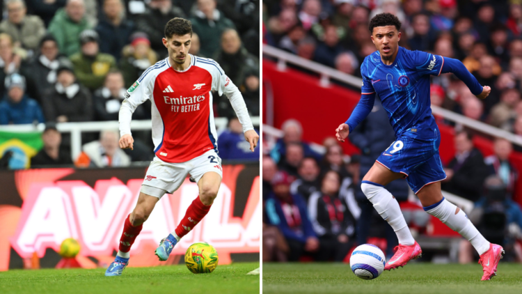 Split image of Kai Havertz of Arsenal running with the ball and Jadon Sancho of Chelsea running with the ball