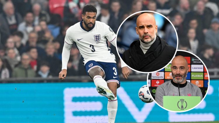 Reece James (3 England) passes the ball during the FIFA World Cup 2026 Group K Qualifying match between England and Latvia with an inset of Manches...