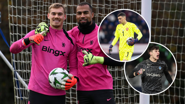 Filip Jorgensen and Robert Sanchez of Chelsea during a training session at Chelsea Training Ground with an inset of Djordje Petrovic of Serbia duri...