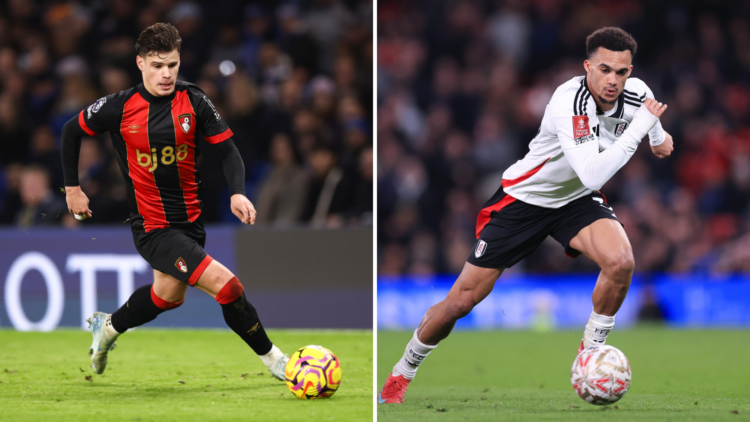 Split image of Milos Kerkez of Bournemouth during the Premier League match between Chelsea FC and AFC Bournemouth and Antonee Robinson of Fulham in...