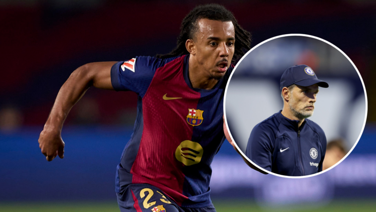 Jules Kounde of FC Barcelona looks on during the La Liga EA Sports match between FC Barcelona CA Osasuna with an inset of Head Coach of Chelsea Tho...