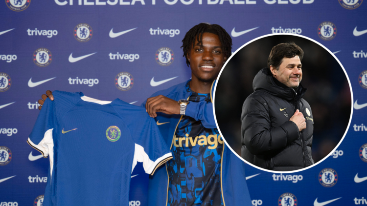 Chelsea unveil new signing Romeo Lavia at Chelsea training Ground with an inset of Mauricio Pochettino, Manager of Chelsea, celebrating victory fol...