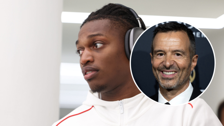 Rafael Leao AC Milan arrives before the Serie A match between Napoli and AC Milan with an inset of Portuguese sports agent Jorge Mendes arriving fo...