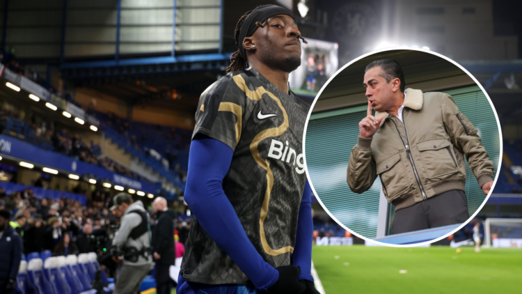 Noni Madueke of Chelsea makes his way out to warm up ahead of the Premier League match between Chelsea FC and West Ham United FC at Stamford Bridge...