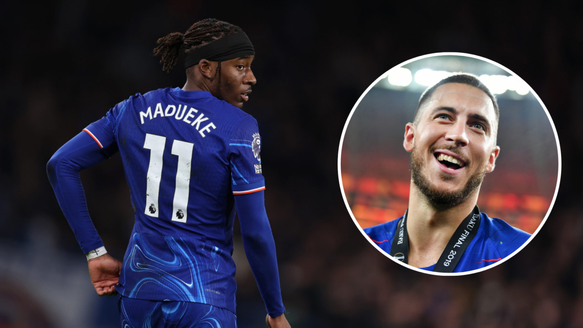 Noni Madueke of Chelsea reacts during the Premier League match between Chelsea FC and West Ham United FC at Stamford Bridge with an inset of Eden H...
