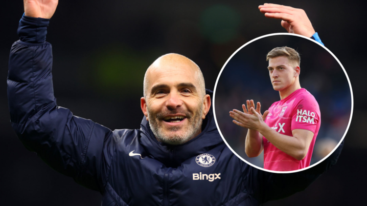 Chelsea manager Enzo Maresca celebrates at full-time following the Premier League match between Tottenham Hotspur FC and Chelsea FC with an inset o...