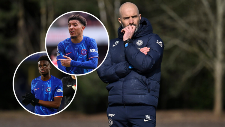 Enzo Maresca of Chelsea during a training session at Chelsea Training Ground with an inset of Jadon Sancho of Chelsea during the Premier League mat...