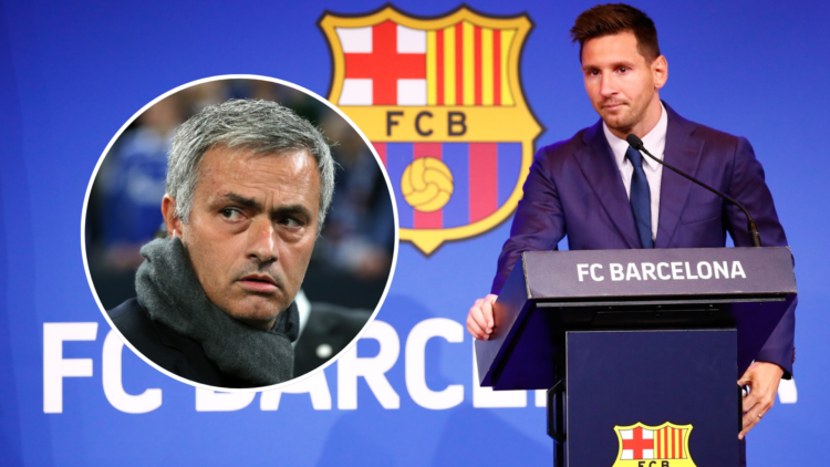 Lionel Messi of FC Barcelona faces the media during a press conference at Nou Camp with inset of Jose Mourinho during his time as Chelsea manager i...