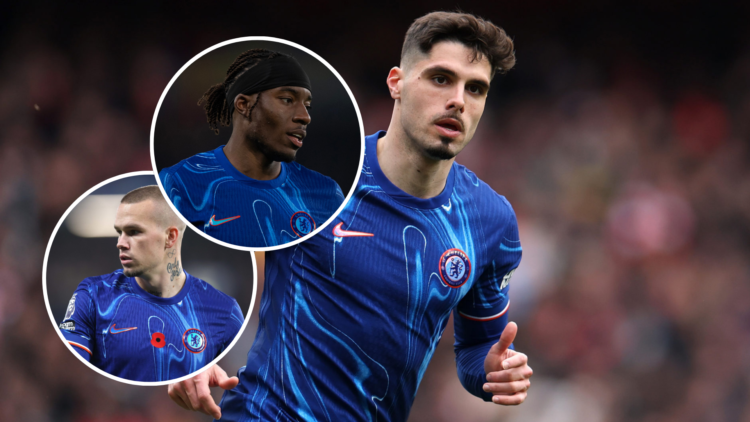 Pedro Neto of Chelsea during the Premier League match between Arsenal FC and Chelsea FC at Emirates Stadium with an inset of Noni Madueke of Chelse...
