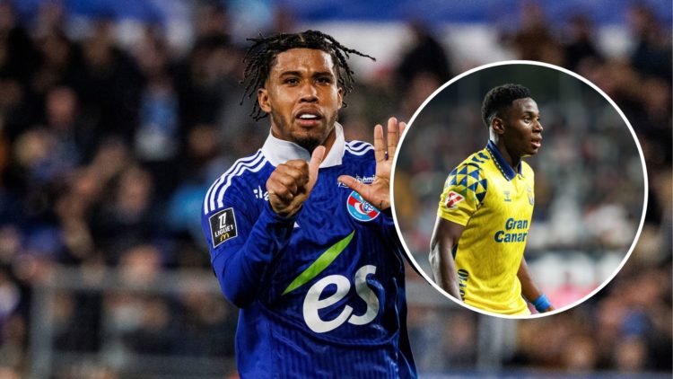Andrey Santos of Strasbourg celebrates his goal during the France Ligue 1 match between RC Strasbourg Alsace and Lille OSC. Inset, Dario Essugo (UD...