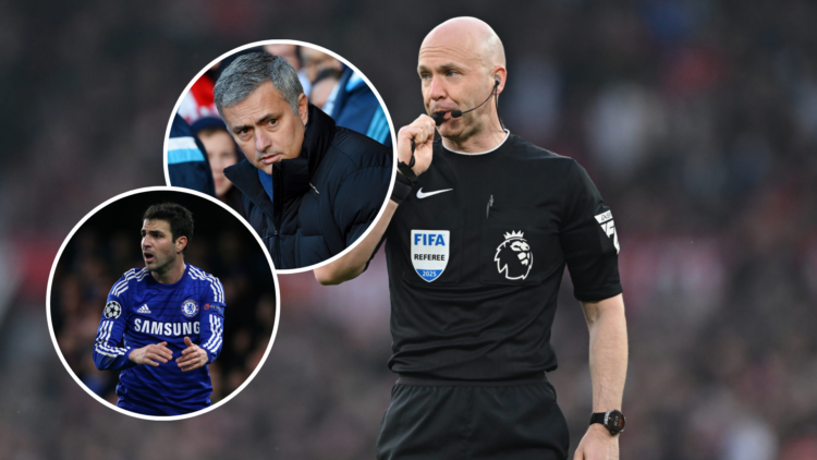 Referee Anthony Taylor blows his whistle during the Premier League match between Manchester United FC and Arsenal FC at Old Trafford with an inset ...