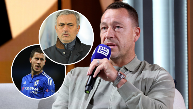 Former footballer John Terry is interviewed by event host Spencer Owen (not pictured) on Day Four of the FIFAe World Cup™ with an inset of Jose Mou...