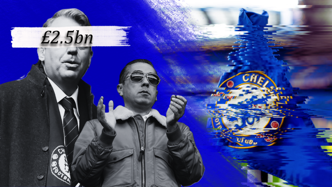 Composite and illustration image of Todd Boehly, Behdad Eghbali and the Chelsea badge on a corner flag at Stamford Bridge, with '£2.5bn' wordage