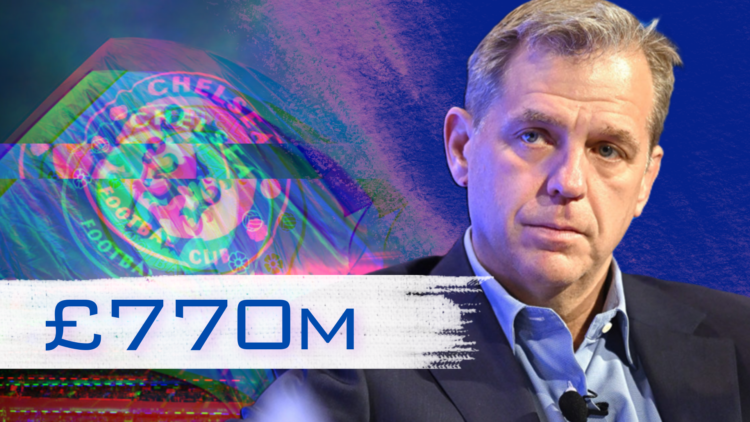 Composite image of the Chelsea badge and a headshot of Todd Boehly, with '£770m' wordage