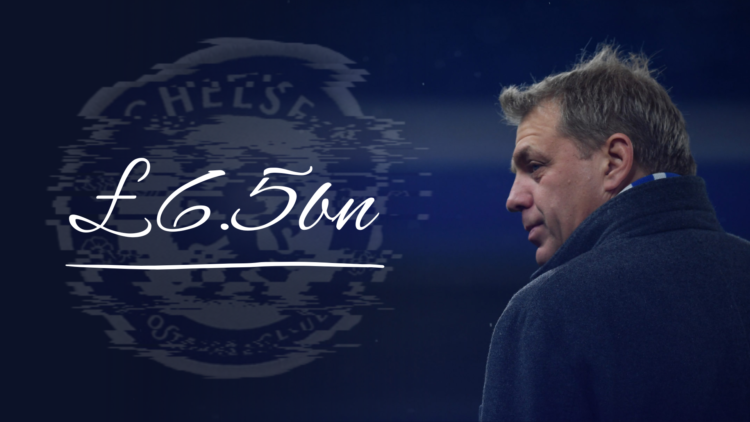 Image of Chelsea owner Todd Boehly and the club badge, accompanied with '£6.5bn' wordage