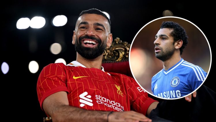 Mohamed Salah of Liverpool signs a new contract extension at Anfield. Inset: Mohamed Salah of Chelsea