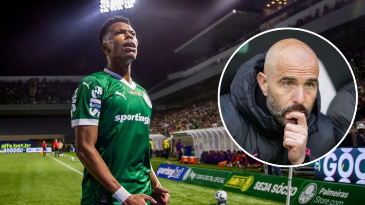 Estevao of Palmeiras reacts during a Brasileirao 2025 match between Palmeiras and Corinthians. Inset: Coach Enzo Maresca of Chelsea London looks on...